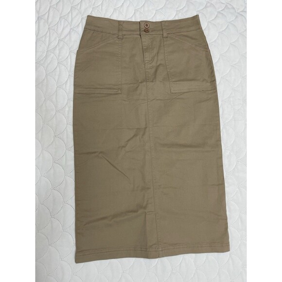 NOKI WOMEN'S Denim KHAKI SKIRT WITH POCKETS. 97%Cotton 3%lycra Sz 7 B20 - Picture 1 of 9